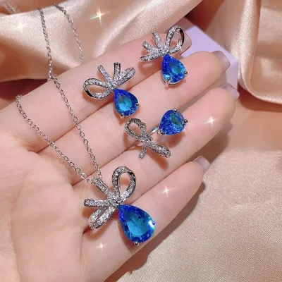 Dazzling Blue Zircon Necklace Earring Set (4 pcs)